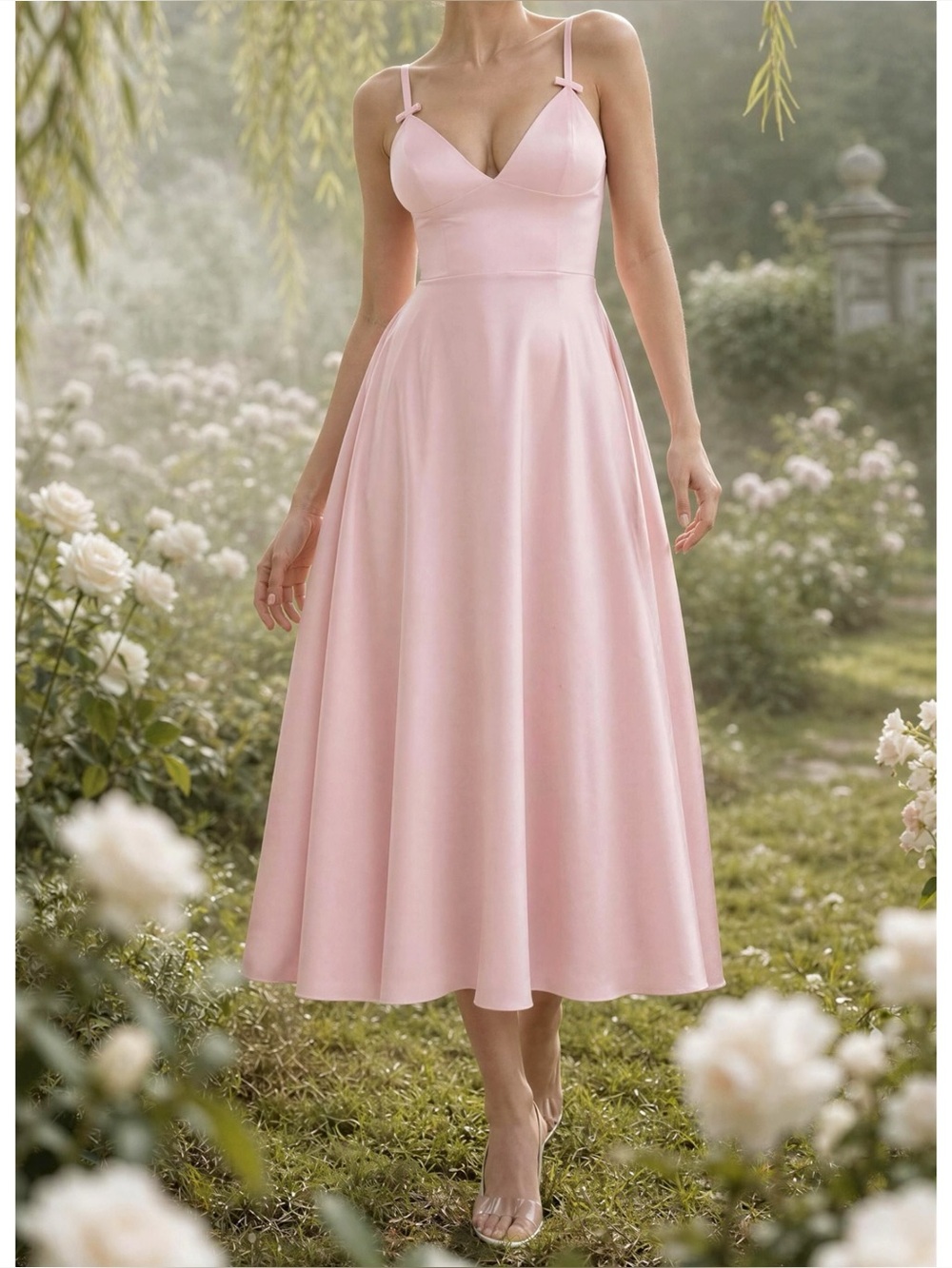 HOUSE OF CB Tiffany Satin A-Line Midi Dress, Parisian Pink, Large